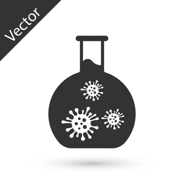 Tube à essai en verre de laboratoire gris avec icône de virus et bactéries iso — Image vectorielle