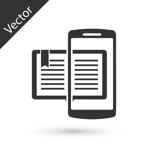 Graues Smartphone und Buchsymbol isoliert auf weißem Hintergrund. onli — Stockvektor