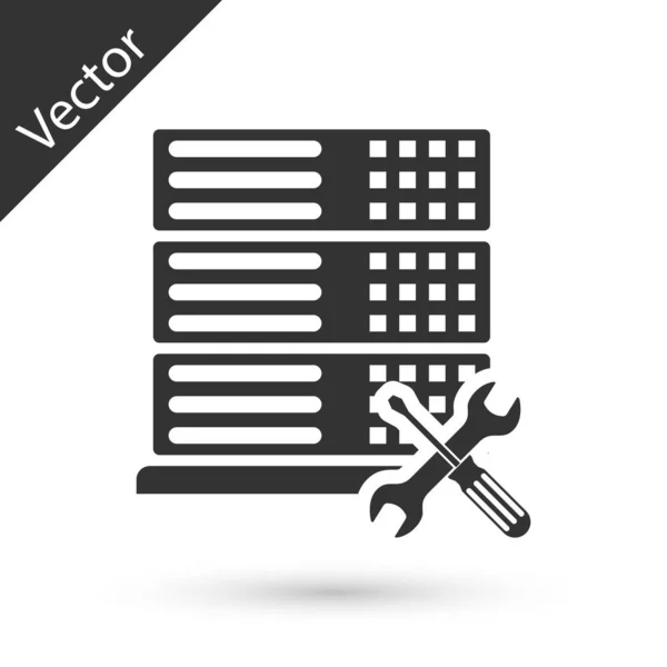 Servidor de base de datos gris con destornillador e icono de llave inglesa aislado o — Archivo Imágenes Vectoriales