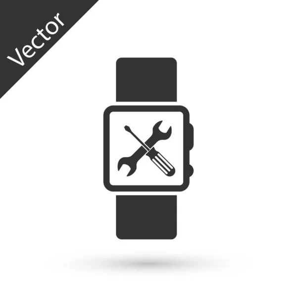 Reloj inteligente gris con destornillador e icono de llave inglesa aislado en whi — Vector de stock