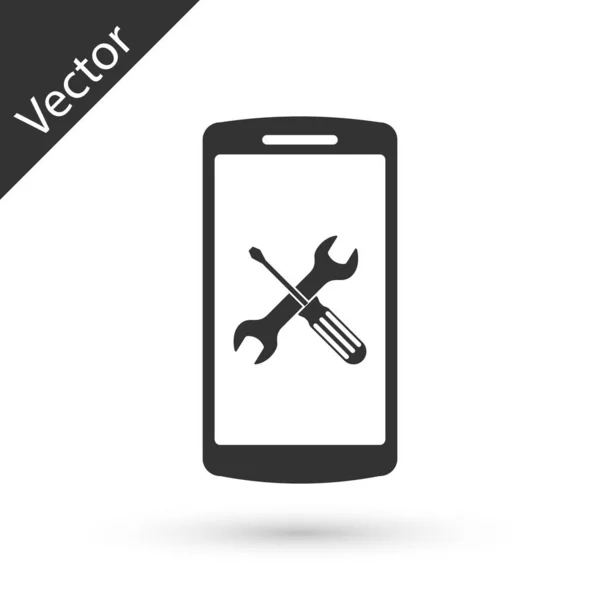 Серый смартфон с отвёрткой и иконкой гаечного ключа изолирован по почему — стоковый вектор
