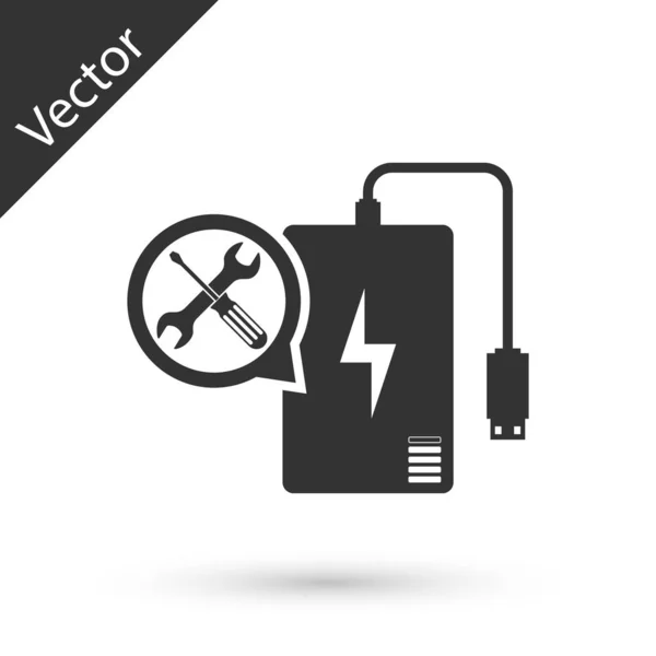 Banco de energía gris con destornillador e icono de la llave inglesa aislado en whi — Vector de stock