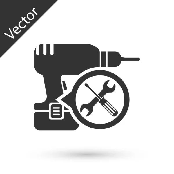 Máquina perforadora gris con destornillador e icono de llave inglesa aislado en — Vector de stock