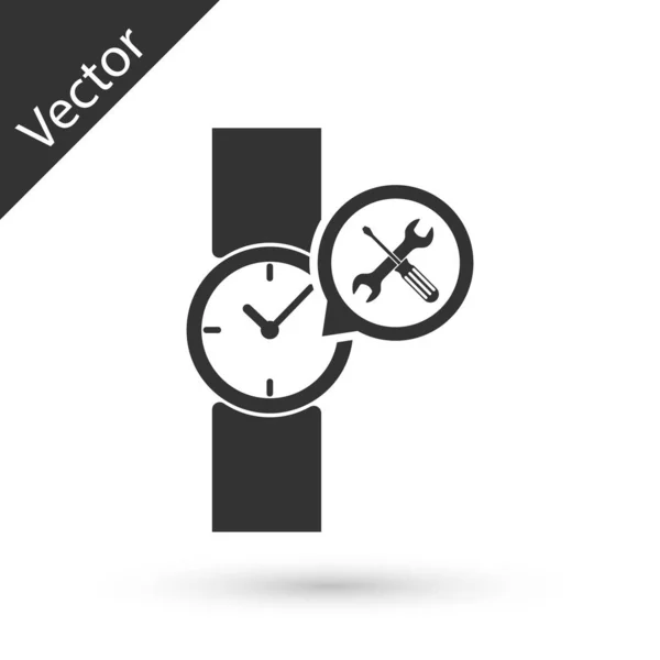 Reloj de pulsera gris con destornillador e icono de la llave inglesa aislado en wh — Vector de stock