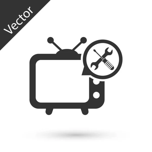 Tv gris con destornillador e icono de llave inglesa aislado en respaldo blanco — Vector de stock