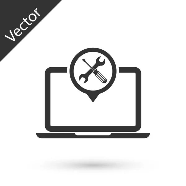 Laptop cinza com chave de fenda e ícone chave isolada em b branco — Vetor de Stock
