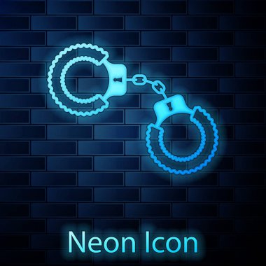 Parlayan Neon seksi kabarık kelepçe simgesi tuğla duvar arka planda izole. Kürk kelepçeli. Fetiş aksesuarı. Sadist ve Masochist için seks dükkanı şeyler. Vektör Illustration