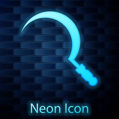 Parlak neon orak simgesi tuğla duvar arka plan üzerinde izole. Kanca işaretini yeniden takıyor. Vektör Illustration