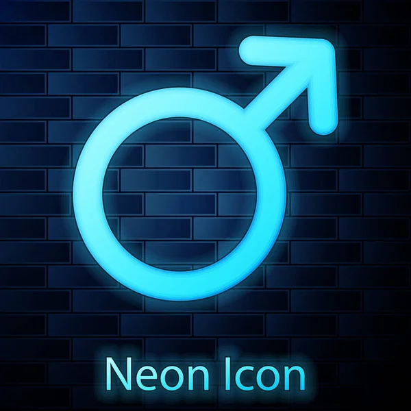 Néon brilhante Ícone de símbolo de gênero masculino isolado no fundo da parede de tijolo. Ilustração vetorial — Vetor de Stock