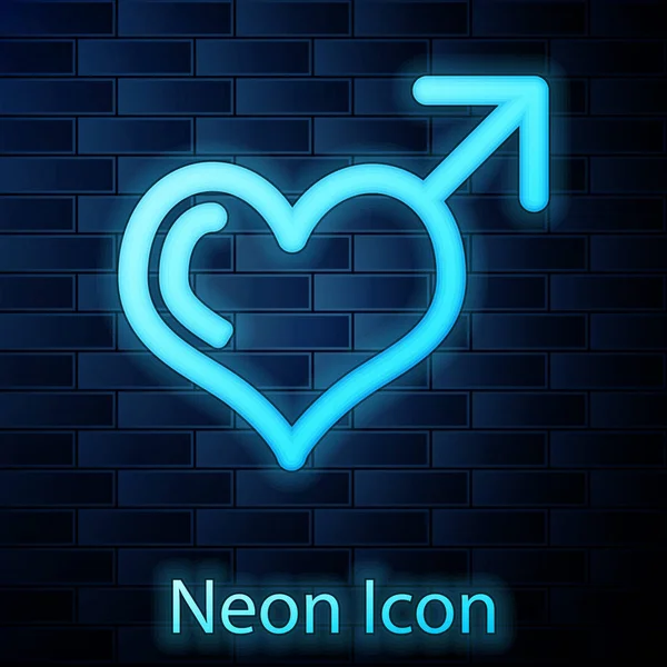 Gloeiende neon mannelijke gender symbool en hart pictogram geïsoleerd op bakstenen muur achtergrond. Vector illustratie — Stockvector