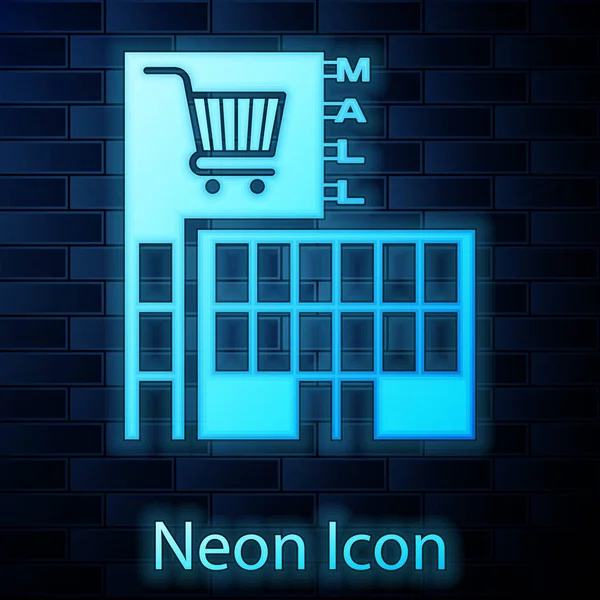 Glowing neon Mall or supermarket building with shopping cart icon isolated on brick wall background. Shop or store. Vector Illustration — Stock Vector