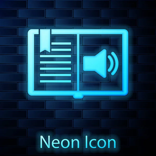 Leuchtende Neon-Hörbuch-Ikone isoliert auf Backsteinwand Hintergrund. Audioguide-Schild. Online-Lernkonzept. Vektorillustration — Stockvektor