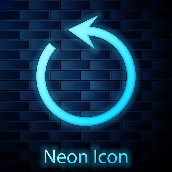 Gloeiende neon Refresh icoon geïsoleerd op bakstenen muur achtergrond. Symbool opnieuw laden. Rotatie pijl in een cirkel teken. Vector illustratie — Stockvector