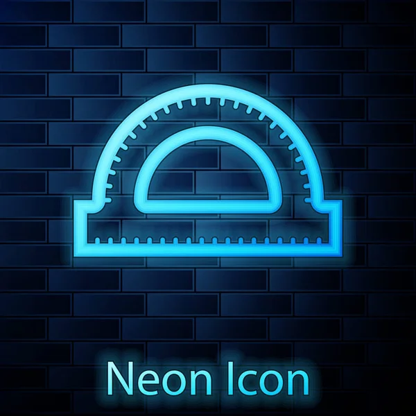 Izzó neon protractor rács mérésére fokos ikon izolált téglafal háttérben. Dőlésszög mérő. Mérőeszköz. Geometriai szimbólum. Vektoros illusztráció — Stock Vector