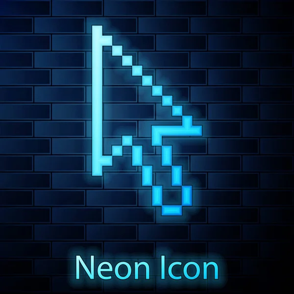 Иконка курсора стрелки светящегося неонового пикселя изолирована на фоне кирпичной стены. Векторная миграция — стоковый вектор