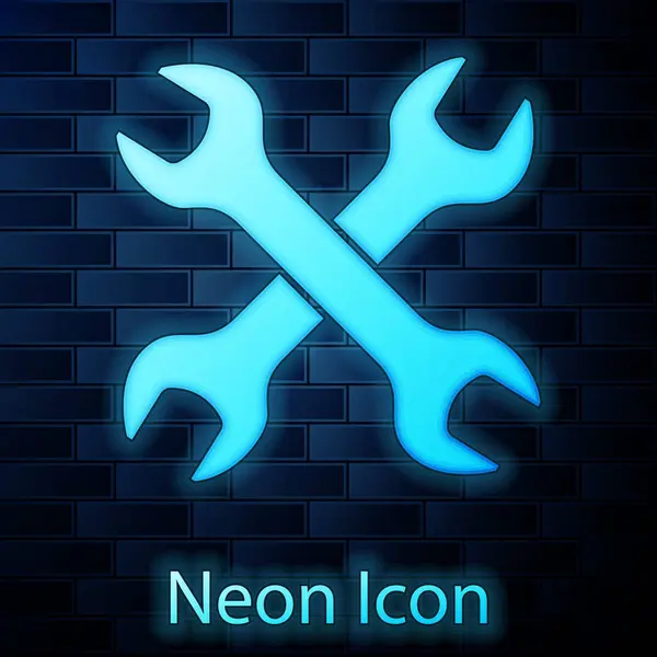 Glödande Neon korsade wrenchs ikonen isolerad på tegelvägg bakgrund. Nyckel reparationsverktyg. Symbol för service verktyg. Vektor illustration — Stock vektor