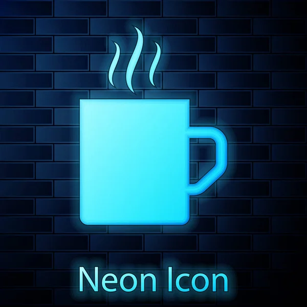 Brillante neón taza de café icono plano aislado en el fondo de la pared de ladrillo. Taza de té. Café caliente. Ilustración vectorial — Vector de stock