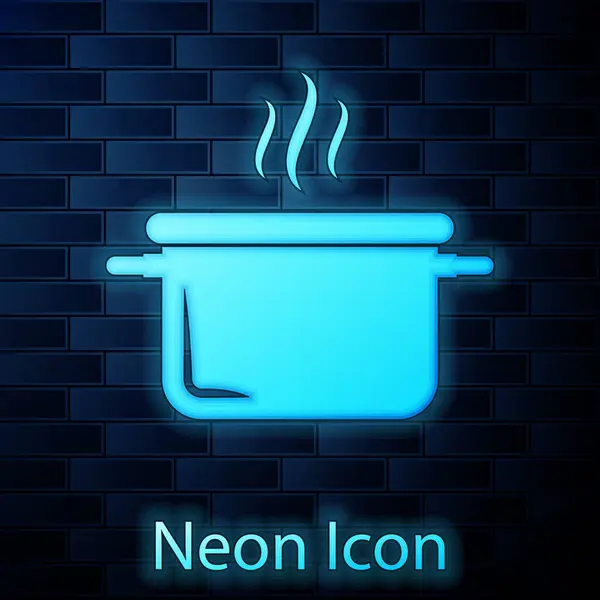 Gloeiende neon kookpot pictogram geïsoleerd op baksteen muur achtergrond. Kook of stoofpot voedsel symbool. Vector Illustratie — Stockvector