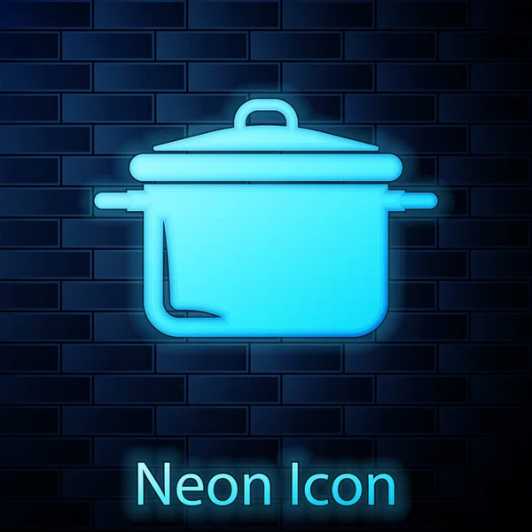 Glowing neon Cooking pot icon isolated on brick wall background. Boil or stew food symbol. Vector Illustration — Stock Vector