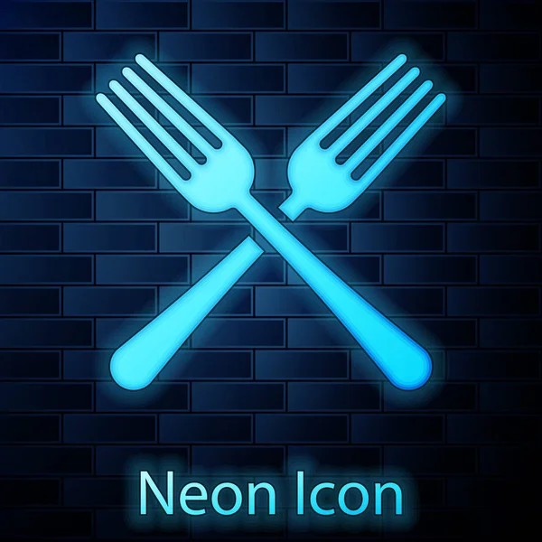 Glödande Neon korsade gaffel ikonen isolerad på tegelvägg bakgrund. Bestick symbol. Vektor illustration — Stock vektor