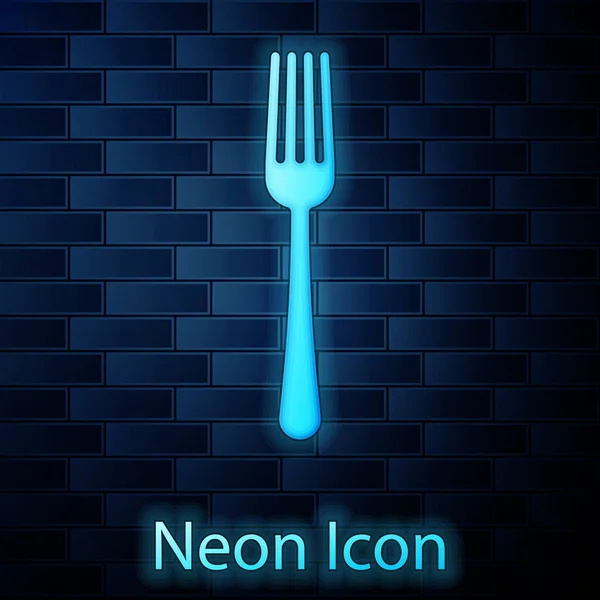 Leuchtende Neon-Gabel-Symbol isoliert auf Backsteinwand Hintergrund. Bestecksymbol vorhanden. Vektorillustration — Stockvektor