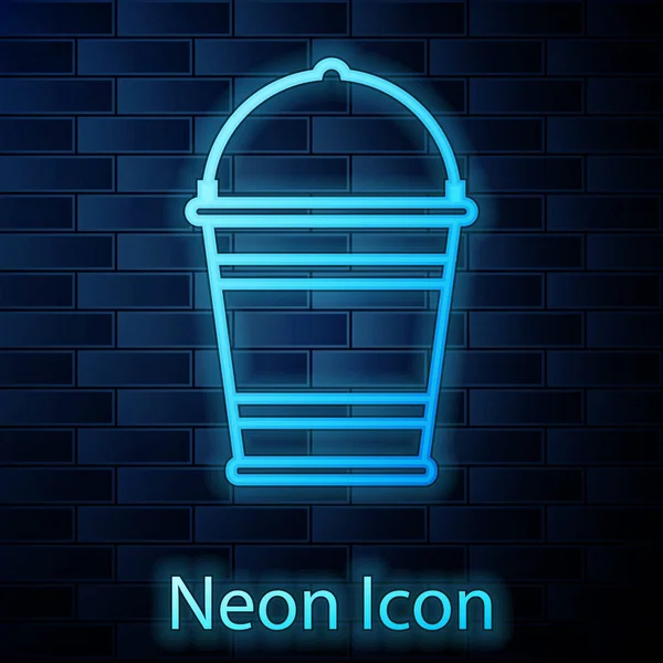 Glowing neon Bucket icon isolated on brick wall background. Vector Illustration — Stock Vector