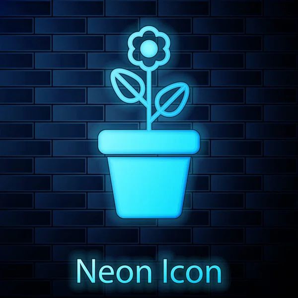 Zářící neonová květina ve ikoně hrnce izolovaná na pozadí cihlové zdi. Rostliny rostou v hrnci. Značka květináč. Vektorová ilustrace — Stockový vektor