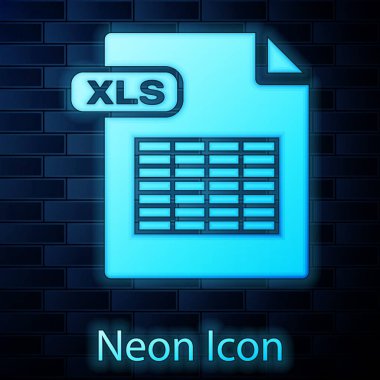 Parlayan Neon xls dosya belgesi. İndir xls düğme simgesi tuğla duvar arka planda izole. Excel dosya sembolü. Vektör Illustration