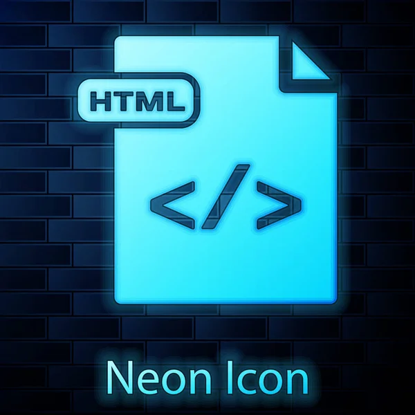 Zářící dokument v neonové HTML souboru. Ikona tlačítka pro stažení HTML je izolovaná na pozadí cihlové zdi. Symbol souboru HTML. Symbol jazyka značek. Vektorová ilustrace — Stockový vektor