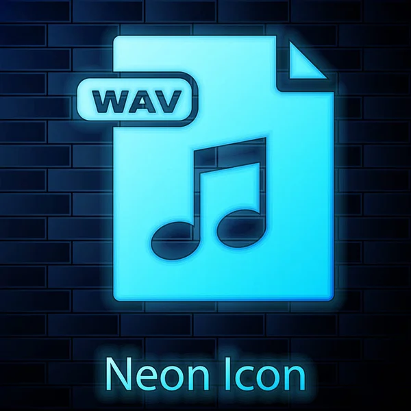 Świecący Neon plik WAV dokumentu. Pobierz ikonę przycisku WAV izolowane na tle muru ceglanego. WAV format pliku audio fali dla cyfrowych plików audio RIFF. Ilustracja wektorowa — Wektor stockowy