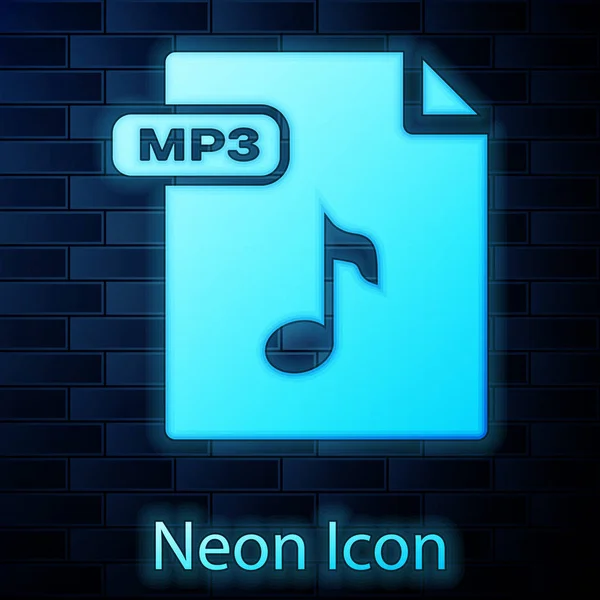 Brilhante neon documento de arquivo MP3. Baixar ícone de botão mp3 isolado no fundo da parede de tijolo. Sinal de formato de música Mp3. Símbolo do ficheiro MP3. Ilustração vetorial — Vetor de Stock