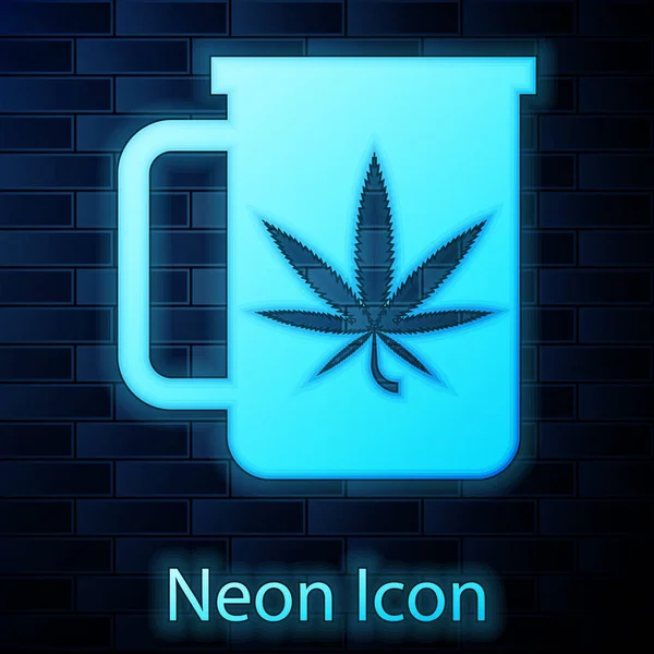 Leuchtende Neon-Tasse Tee mit Marihuana oder Cannabis-Blatt-Symbol isoliert auf Backsteinmauer Hintergrund. Marihuana-Legalisierung. Hanf-Symbol. Vektorillustration — Stockvektor