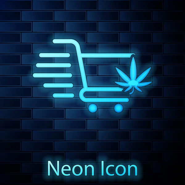 Glowing neon Shopping cart with marijuana or cannabis leaf icon isolated on brick wall background. Online buying. Delivery service. Supermarket basket. Vector Illustration — Stock Vector