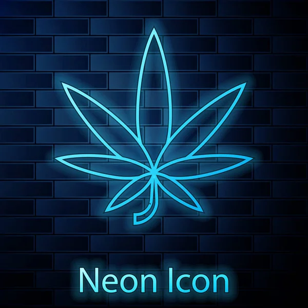 Icono de la hoja de cannabis o marihuana medicinal de neón brillante aislado en el fondo de la pared de ladrillo. Un símbolo de cáñamo. Ilustración vectorial — Vector de stock