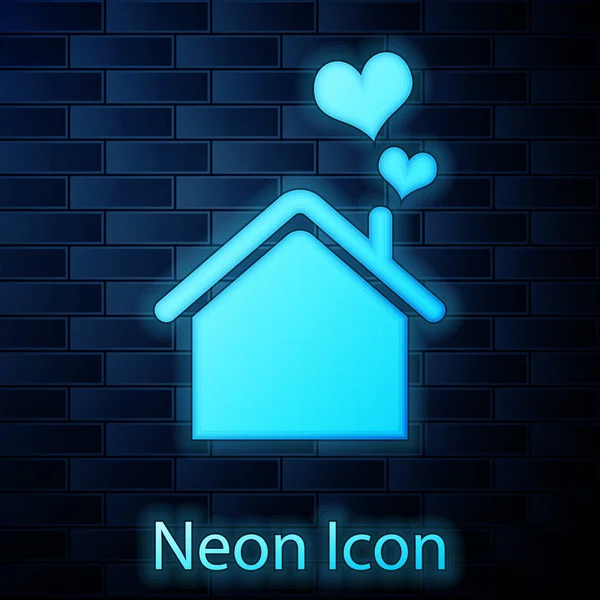 Светящийся неоновый дом с иконкой в форме сердца на фоне кирпичной стены. Символ любви. Семья, недвижимость и недвижимость. Векторная миграция — стоковый вектор