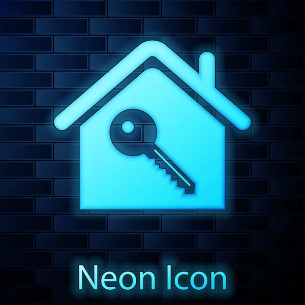 Leuchtendes Neon-Haus mit Schlüsselsymbol isoliert auf Backsteinwand Hintergrund. Das Konzept des schlüsselfertigen Hauses. Vektorillustration — Stockvektor