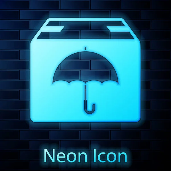 Świecący Neon dostawa pakiet z symbolem parasola ikona na białym tle na ścianie cegły. Paczka kartonowe pudełko z parasolem znak. Logistyka i dostawa. Ilustracja wektorowa — Wektor stockowy
