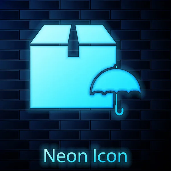 Świecący Neon dostawa pakiet z symbolem parasola ikona na białym tle na ścianie cegły. Paczka kartonowe pudełko z parasolem znak. Logistyka i dostawa. Ilustracja wektorowa — Wektor stockowy