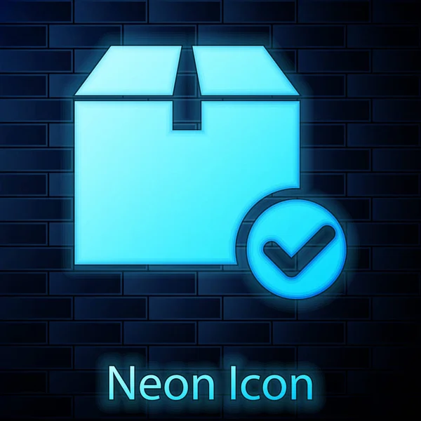Świecące Neon pudełko z ikoną znacznika wyboru izolowane na tle muru ceglanego. Skrzynka na paczki ze znacznikiem wyboru. Zatwierdzone doręczenie lub pomyślne przyjęcie paczki. Ilustracja wektorowa — Wektor stockowy