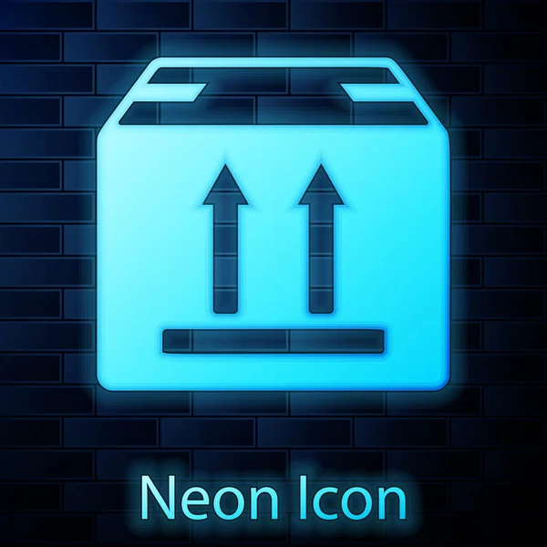 Izzó neon karton doboz forgalmi szimbólum ikont elszigetelt téglafal háttérben. Doboz, csomag, parcella jel. Szállítás, szállítás és szállítás. Vektoros illusztráció — Stock Vector