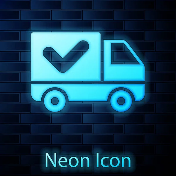Caminhão de entrega de néon brilhante com ícone de marca de verificação isolado no fundo da parede de tijolo. Ilustração vetorial — Vetor de Stock