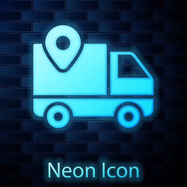 Glowing neon Delivery tracking icon isolated on brick wall background. Parcel tracking. Vector Illustration