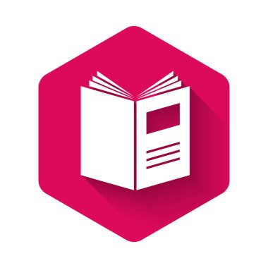 Beyaz açık kitap simgesi uzun gölge ile yalıtılmış. Pembe altıgen düğmesi. Vektör Illustration