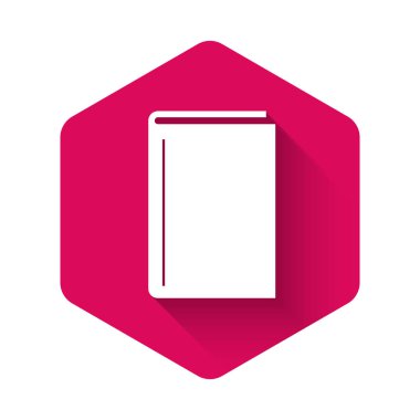 Beyaz kitap simgesi uzun gölge ile yalıtılmış. Pembe altıgen düğmesi. Vektör Illustration