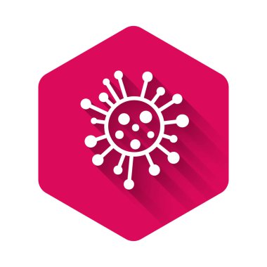 Beyaz bakteri simgesi uzun gölge ile izole edilmiştir. Bakteriler ve mikroplar, mikroorganizma hastalığı neden, hücre kanseri, mikrop, virüs, mantar. Pembe altıgen düğmesi. Vektör Illustration