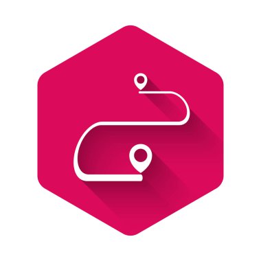 Beyaz rota konumu simgesi uzun gölge ile yalıtılmış. Harita işaretçisi işareti. Yol veya yol kavramı. GPS navigasyon cihazı. Pembe altıgen düğmesi. Vektör Illustration