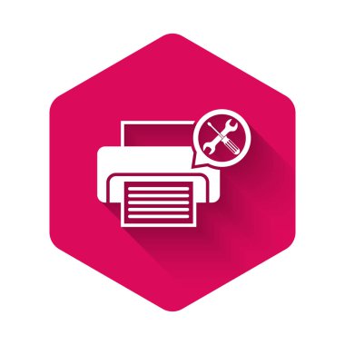 Uzun gölge ile yalıtılmış tornavida ve anahtar simgesi ile beyaz yazıcı. Ayarlama, hizmet, ayarlama, bakım, onarım, sabitleme. Pembe altıgen düğmesi. Vektör Illustration