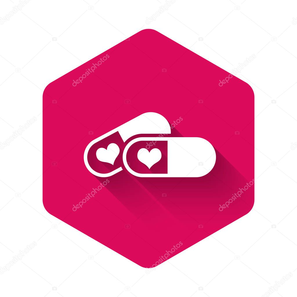 White Pills for potency, aphrodisiac icon isolated with long shadow. Sex pills for men and women. Pink hexagon button. Vector Illustration