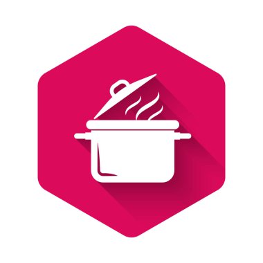 Beyaz pişirme pot simgesi uzun gölge ile izole. Kaynatın veya güveç gıda sembolü. Pembe altıgen düğmesi. Vektör Illustration