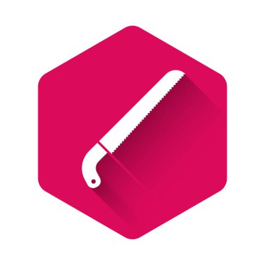 White Garden uzun gölge ile izole simgesi gördüm. Pembe altıgen düğmesi. Vektör Illustration